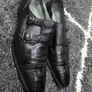 Men's Black Leather Double Monk Strap Shoes